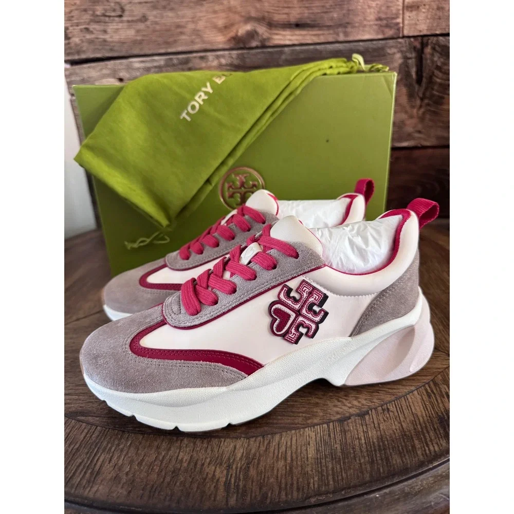 Tory Burch Good Luck Trainer Sneakers Cream Taupe Red 141503 Womens 7 Rare color